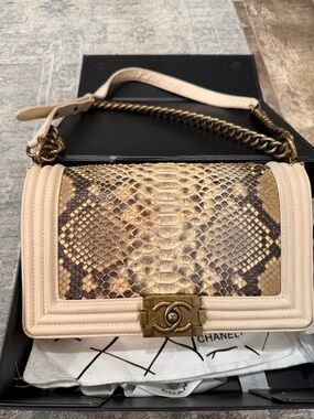 CHANEL Beige and Brown Python-Trim Boy Shoulder Bag